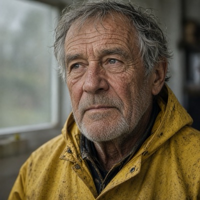 Close-up portrait of an elderly fisherman with a weathered face and grey stubble, wearing a yellow raincoat, soft overcast light from a window, shallow depth of field, 85mm photograph, generated by Grok Imagine 2.0