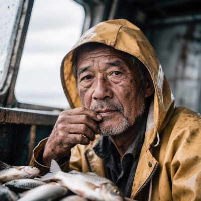 Close-up portrait of an elderly fisherman with a weathered face and grey stubble, wearing a yellow raincoat, soft overcast light from a window, shallow depth of field, 85mm photograph, generated by Hunyuan Image 3.0