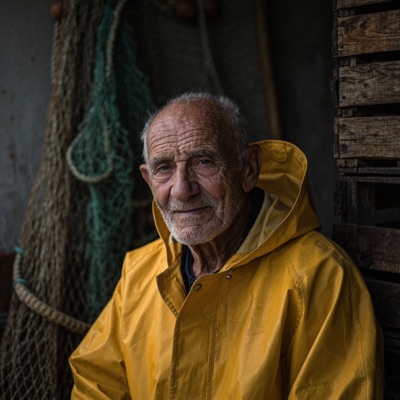 Close-up portrait of an elderly fisherman with a weathered face and grey stubble, wearing a yellow raincoat, soft overcast light from a window, shallow depth of field, 85mm photograph, generated by Kling Image O3