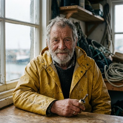Close-up portrait of an elderly fisherman with a weathered face and grey stubble, wearing a yellow raincoat, soft overcast light from a window, shallow depth of field, 85mm photograph, generated by Nano Banana 2