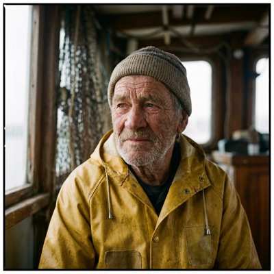 Close-up portrait of an elderly fisherman with a weathered face and grey stubble, wearing a yellow raincoat, soft overcast light from a window, shallow depth of field, 85mm photograph, generated by Nano Banana Pro
