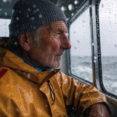 Close-up portrait of an elderly fisherman with a weathered face and grey stubble, wearing a yellow raincoat, soft overcast light from a window, shallow depth of field, 85mm photograph, generated by Recraft V4