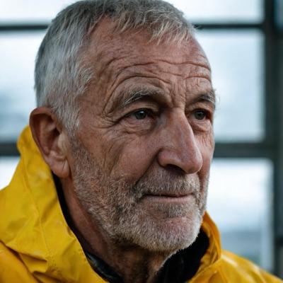 Close-up portrait of an elderly fisherman with a weathered face and grey stubble, wearing a yellow raincoat, soft overcast light from a window, shallow depth of field, 85mm photograph, generated by Seedream 5 Lite