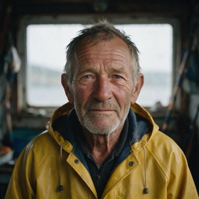 Close-up portrait of an elderly fisherman with a weathered face and grey stubble, wearing a yellow raincoat, soft overcast light from a window, shallow depth of field, 85mm photograph, generated by Seedream 5 Pro