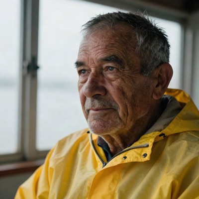 Close-up portrait of an elderly fisherman with a weathered face and grey stubble, wearing a yellow raincoat, soft overcast light from a window, shallow depth of field, 85mm photograph, generated by Z-Image Turbo