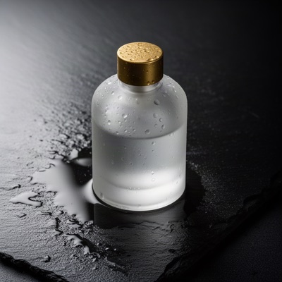 A frosted glass perfume bottle with a brass cap on wet black slate, droplets on the glass, soft rim light, reflections on the stone, studio product photography, generated by FLUX.2 [dev]