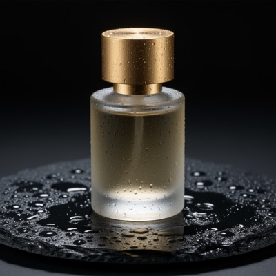 A frosted glass perfume bottle with a brass cap on wet black slate, droplets on the glass, soft rim light, reflections on the stone, studio product photography, generated by FLUX.2 [flex]