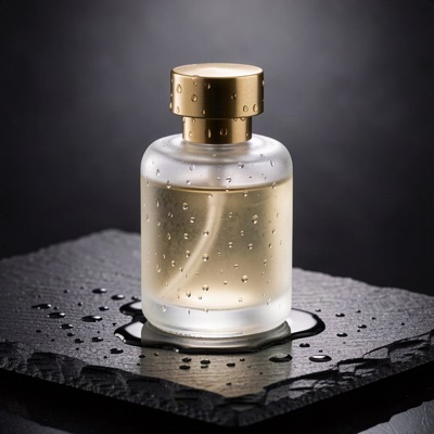 A frosted glass perfume bottle with a brass cap on wet black slate, droplets on the glass, soft rim light, reflections on the stone, studio product photography, generated by FLUX.2 [klein] 9B