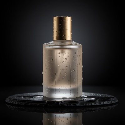 A frosted glass perfume bottle with a brass cap on wet black slate, droplets on the glass, soft rim light, reflections on the stone, studio product photography, generated by FLUX.2 [max]