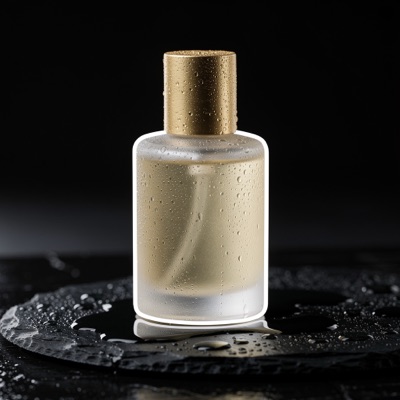 A frosted glass perfume bottle with a brass cap on wet black slate, droplets on the glass, soft rim light, reflections on the stone, studio product photography, generated by FLUX.2 [pro]