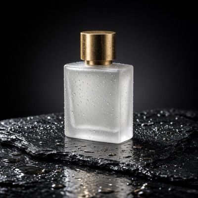 A frosted glass perfume bottle with a brass cap on wet black slate, droplets on the glass, soft rim light, reflections on the stone, studio product photography, generated by Grok Imagine 2.0