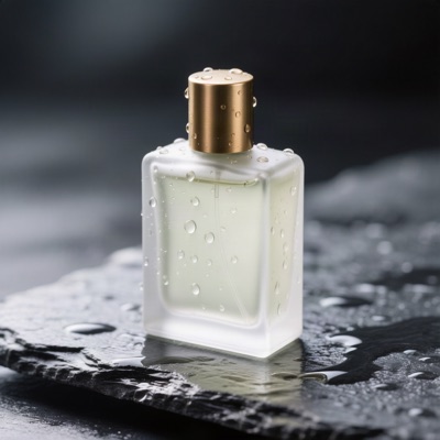 A frosted glass perfume bottle with a brass cap on wet black slate, droplets on the glass, soft rim light, reflections on the stone, studio product photography, generated by Hunyuan Image 3.0