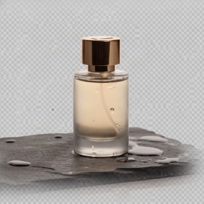 A frosted glass perfume bottle with a brass cap on wet black slate, droplets on the glass, soft rim light, reflections on the stone, studio product photography, generated by Ideogram V4