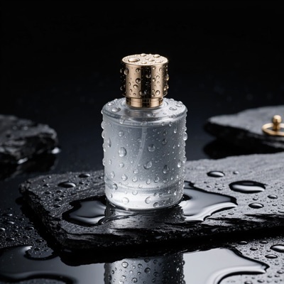 A frosted glass perfume bottle with a brass cap on wet black slate, droplets on the glass, soft rim light, reflections on the stone, studio product photography, generated by Kling Image O3