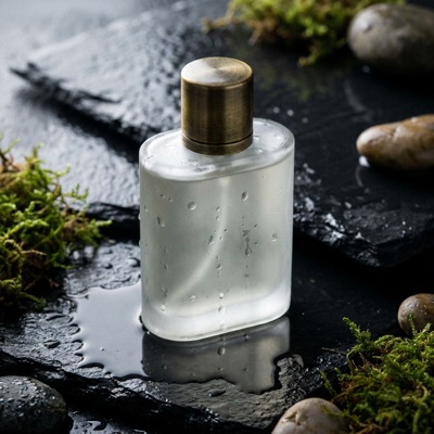 A frosted glass perfume bottle with a brass cap on wet black slate, droplets on the glass, soft rim light, reflections on the stone, studio product photography, generated by Nano Banana Pro
