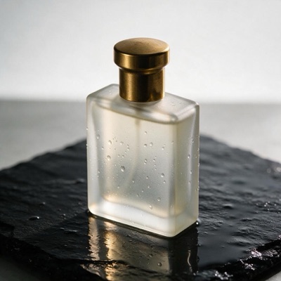 A frosted glass perfume bottle with a brass cap on wet black slate, droplets on the glass, soft rim light, reflections on the stone, studio product photography, generated by Seedream 5 Pro