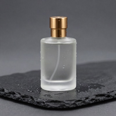 A frosted glass perfume bottle with a brass cap on wet black slate, droplets on the glass, soft rim light, reflections on the stone, studio product photography, generated by Z-Image Turbo
