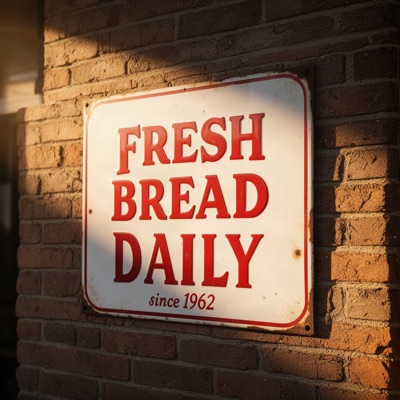 A vintage enamel sign on a brick wall that reads "FRESH BREAD DAILY" in bold red serif letters, with "since 1962" in smaller script below, morning sunlight, generated by FLUX.2 [dev]