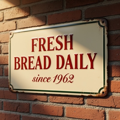 A vintage enamel sign on a brick wall that reads "FRESH BREAD DAILY" in bold red serif letters, with "since 1962" in smaller script below, morning sunlight, generated by FLUX.2 [flex]