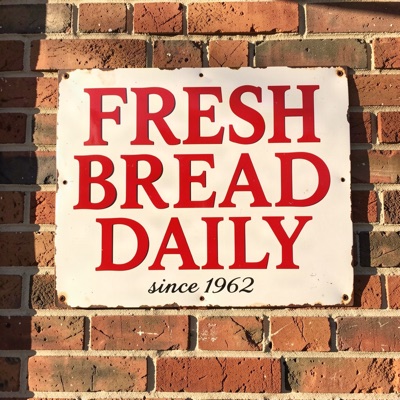 A vintage enamel sign on a brick wall that reads "FRESH BREAD DAILY" in bold red serif letters, with "since 1962" in smaller script below, morning sunlight, generated by FLUX.2 [klein] 9B