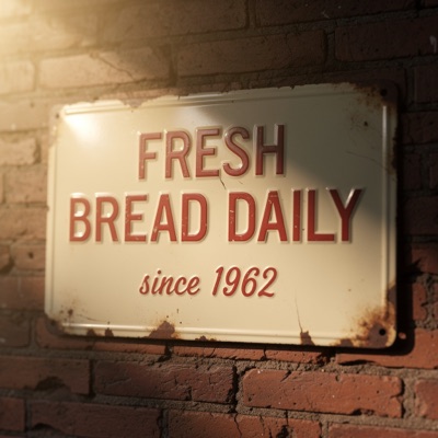 A vintage enamel sign on a brick wall that reads "FRESH BREAD DAILY" in bold red serif letters, with "since 1962" in smaller script below, morning sunlight, generated by FLUX.2 [max]