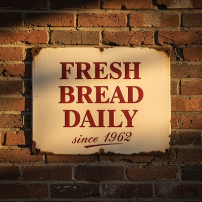 A vintage enamel sign on a brick wall that reads "FRESH BREAD DAILY" in bold red serif letters, with "since 1962" in smaller script below, morning sunlight, generated by FLUX.2 [pro]