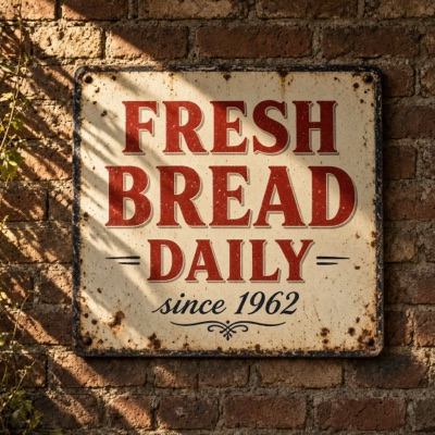 A vintage enamel sign on a brick wall that reads "FRESH BREAD DAILY" in bold red serif letters, with "since 1962" in smaller script below, morning sunlight, generated by Grok Imagine 2.0