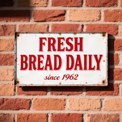 A vintage enamel sign on a brick wall that reads "FRESH BREAD DAILY" in bold red serif letters, with "since 1962" in smaller script below, morning sunlight, generated by Hunyuan Image 3.0