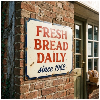 A vintage enamel sign on a brick wall that reads "FRESH BREAD DAILY" in bold red serif letters, with "since 1962" in smaller script below, morning sunlight, generated by Nano Banana 2