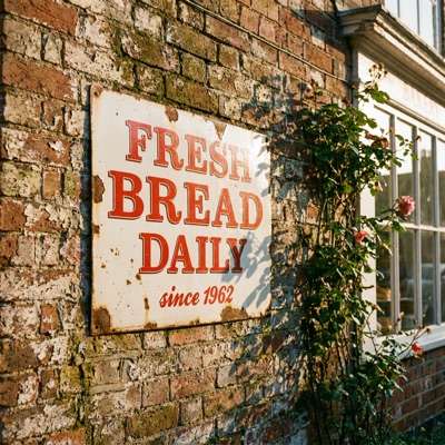 A vintage enamel sign on a brick wall that reads "FRESH BREAD DAILY" in bold red serif letters, with "since 1962" in smaller script below, morning sunlight, generated by Nano Banana Pro