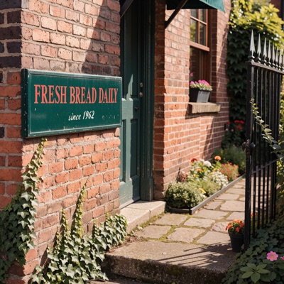 A vintage enamel sign on a brick wall that reads "FRESH BREAD DAILY" in bold red serif letters, with "since 1962" in smaller script below, morning sunlight, generated by Recraft V4