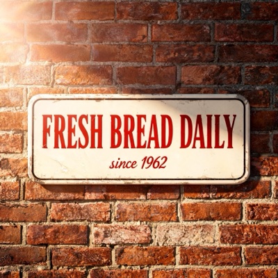 A vintage enamel sign on a brick wall that reads "FRESH BREAD DAILY" in bold red serif letters, with "since 1962" in smaller script below, morning sunlight, generated by Seedream 5 Lite