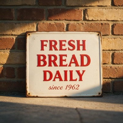 A vintage enamel sign on a brick wall that reads "FRESH BREAD DAILY" in bold red serif letters, with "since 1962" in smaller script below, morning sunlight, generated by Seedream 5 Pro