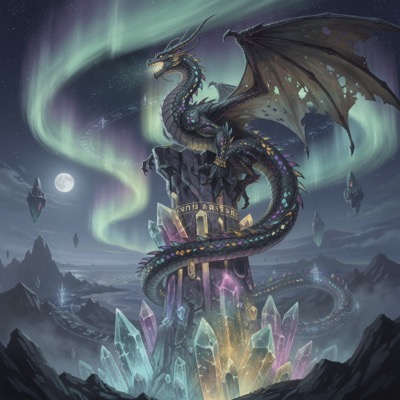 Ancient dragon perched on a crystal spire, bioluminescent scales, magical aurora in night sky, fantasy art