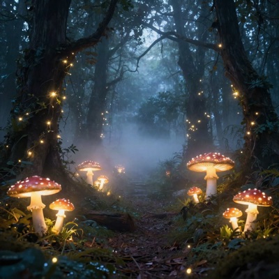 Enchanted forest with glowing mushrooms and fairy lights, mystical atmosphere, ethereal fog, fantasy landscape