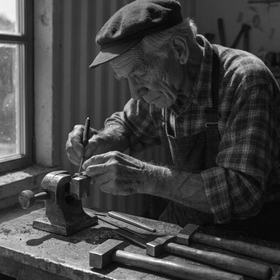 Elderly craftsman with weathered hands, dramatic side lighting, black and white, documentary style