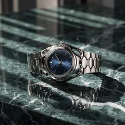 Luxury watch on marble surface with dramatic lighting, product photography, reflections and shadows