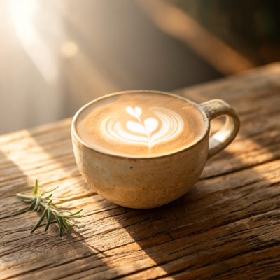 Artisan coffee cup with latte art, rustic wooden table, morning light, lifestyle product photography